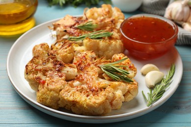 Photo of Delicious baked cauliflower steaks with sauce on blue wooden table, closeup