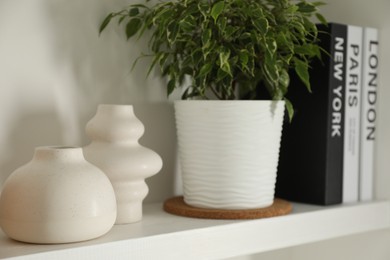 Photo of Ceramic vases, books and houseplant on shelving unit