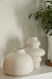 Photo of Ceramic vases and houseplant on shelving unit