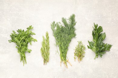 Photo of Different aromatic herbs on gray textured table, flat lay