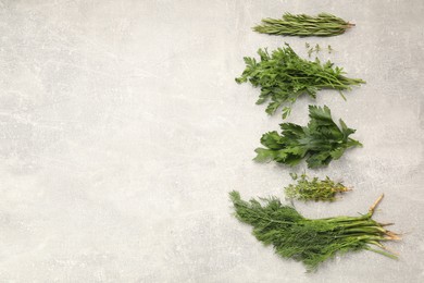 Photo of Different aromatic herbs on gray textured table, flat lay. Space for text