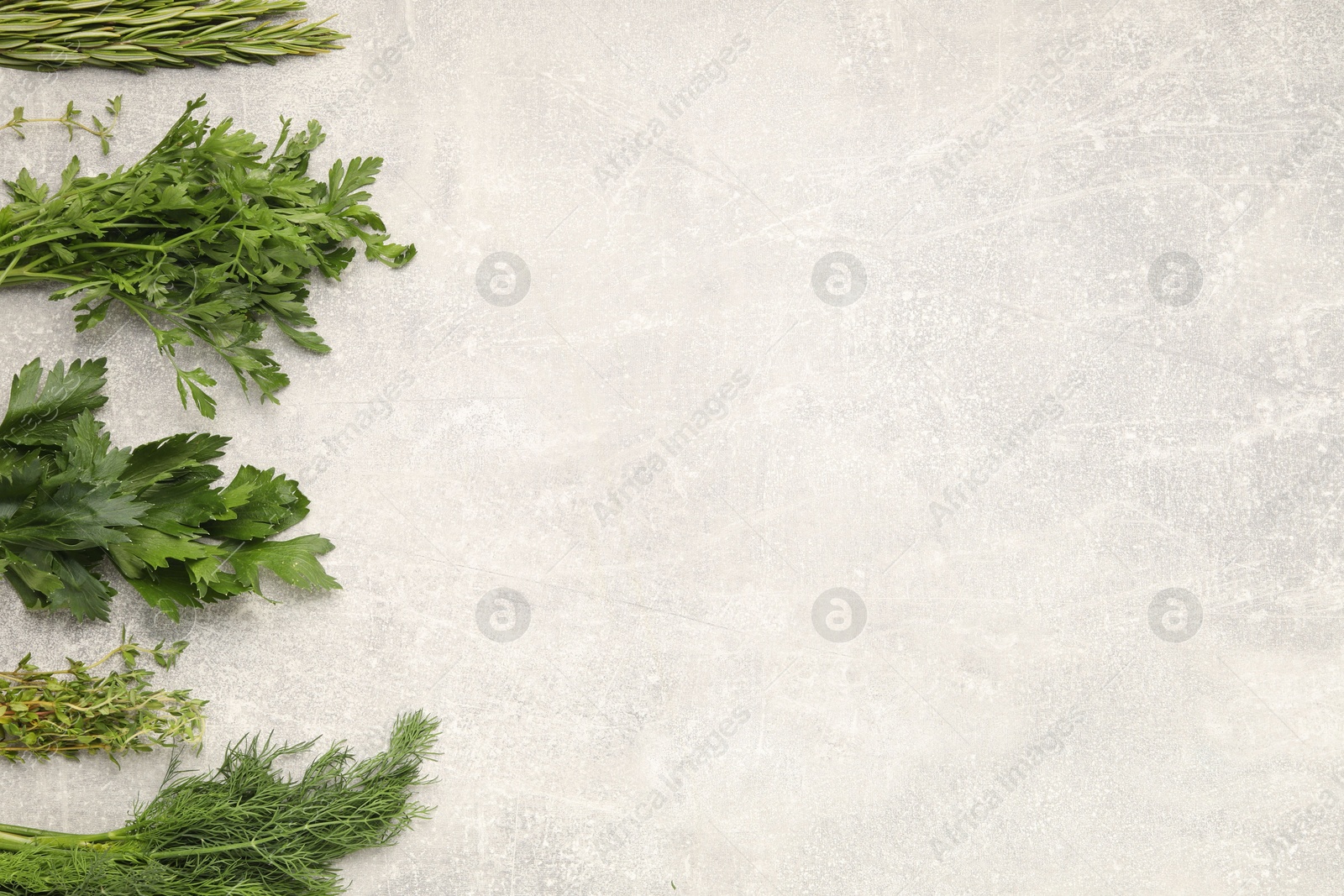 Photo of Different aromatic herbs on gray textured table, flat lay. Space for text