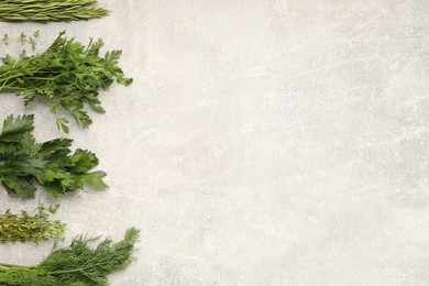 Different aromatic herbs on gray textured table, flat lay. Space for text