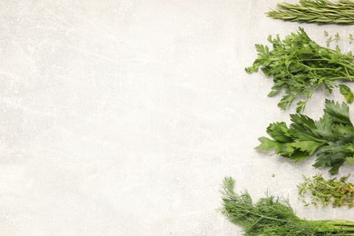 Photo of Different aromatic herbs on gray textured table, flat lay. Space for text