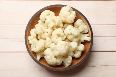 Photo of Tasty cooked cauliflower on white wooden table, top view