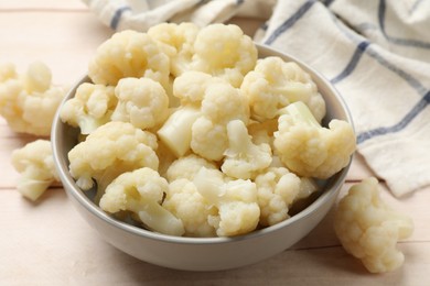 Photo of Tasty cooked cauliflower on white wooden table, closeup