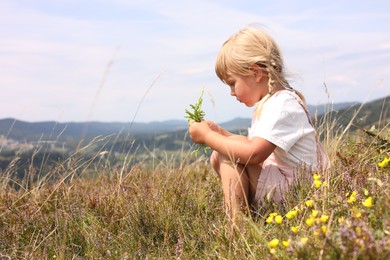 Little girl with bouquet of wildflowers at field, space for text