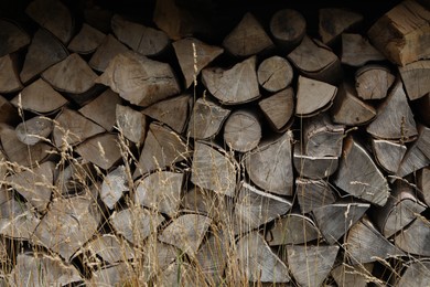 Photo of Stack of cut firewood as background, closeup view