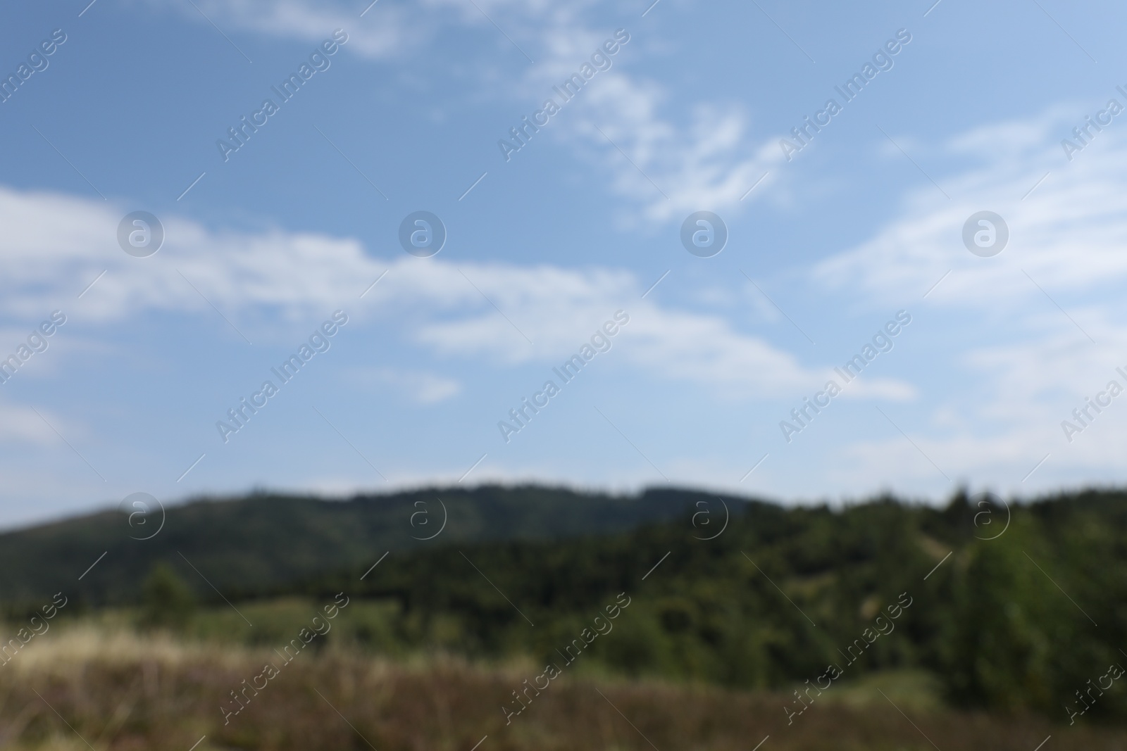 Photo of Blurred view of forest in mountains under blue sky