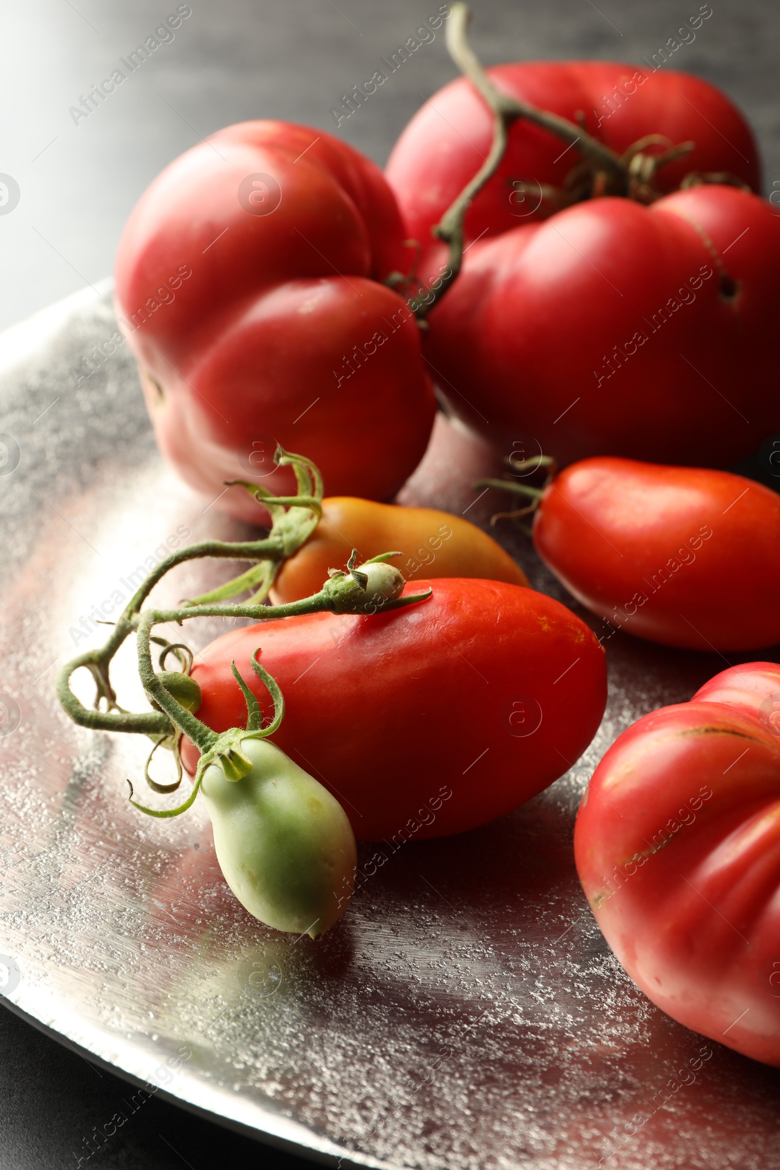 Photo of Different ripe and unripe tomatoes on grey table, closeup