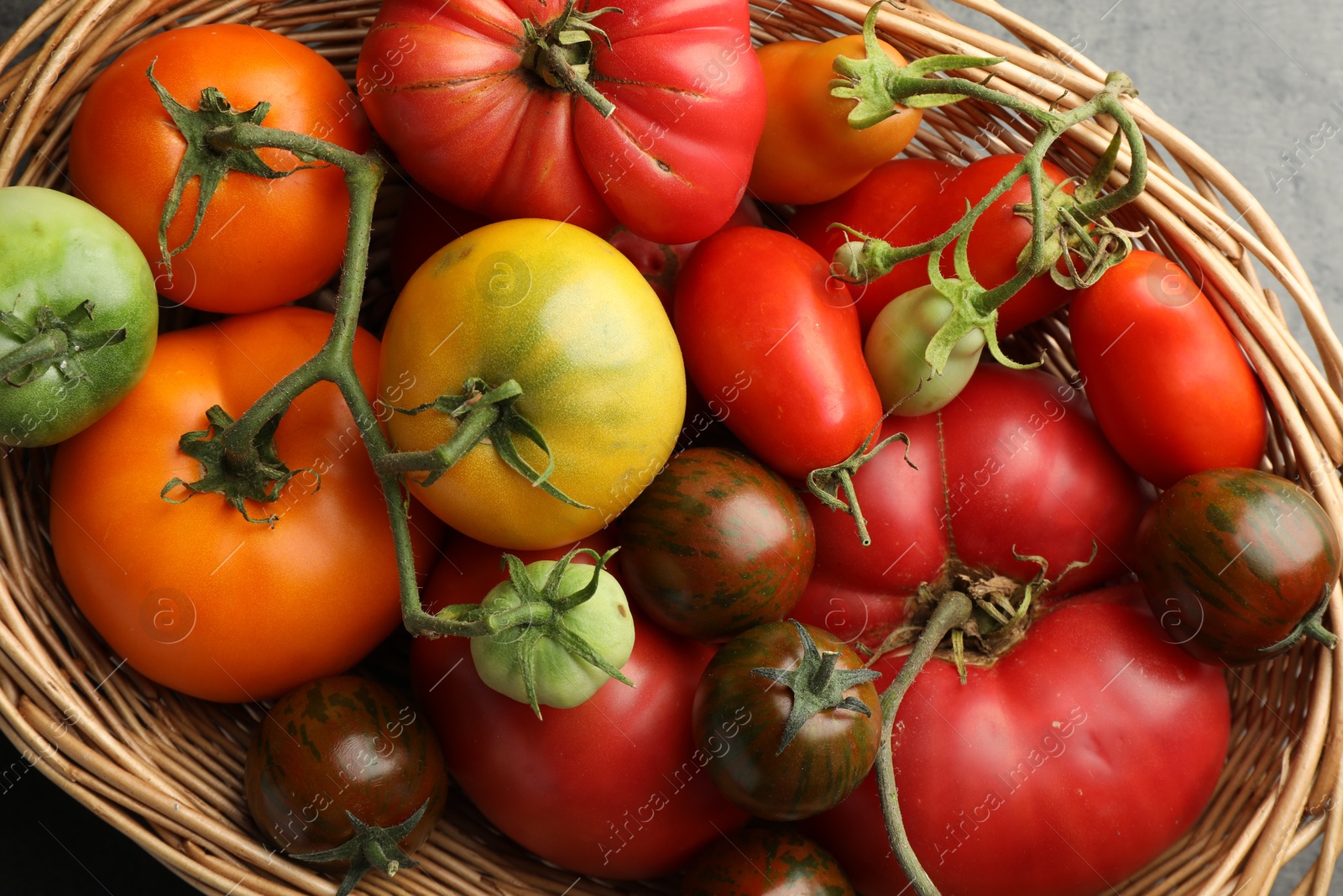 Photo of Different ripe and unripe tomatoes in wicker basket on grey table, flat lay