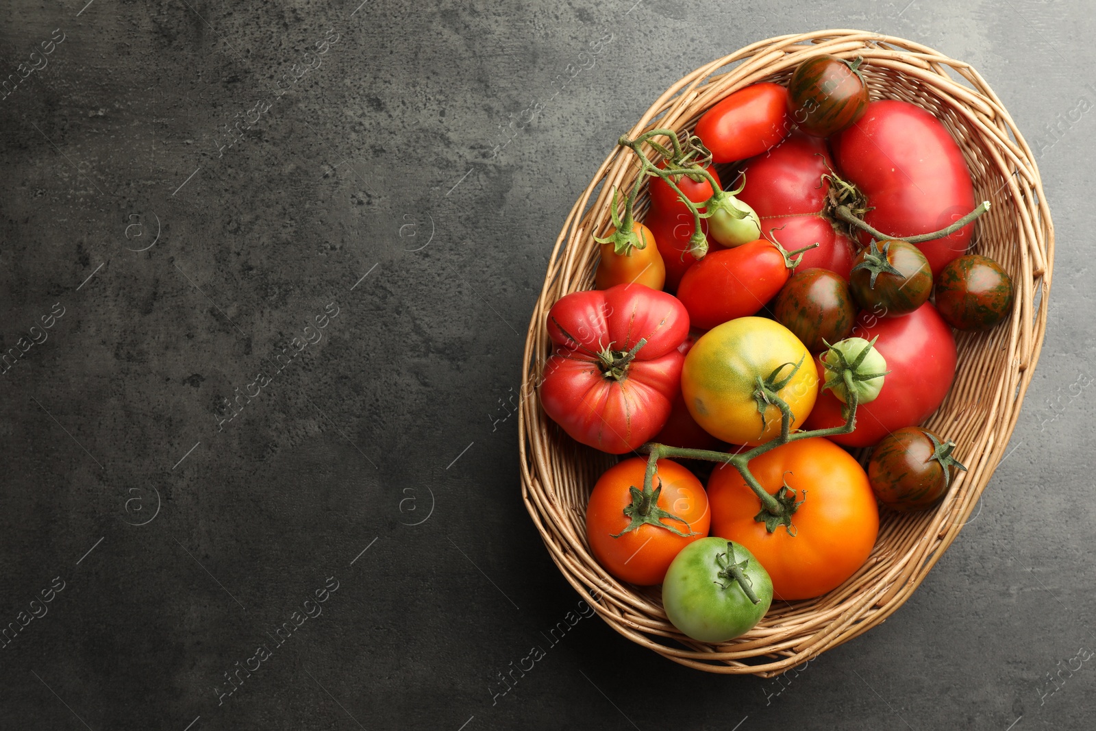 Photo of Different ripe and unripe tomatoes in wicker basket on grey table, top view. Space for text