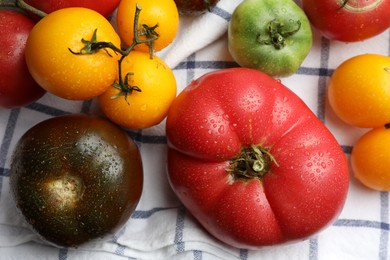 Photo of Different ripe and unripe tomatoes on tablecloth, closeup