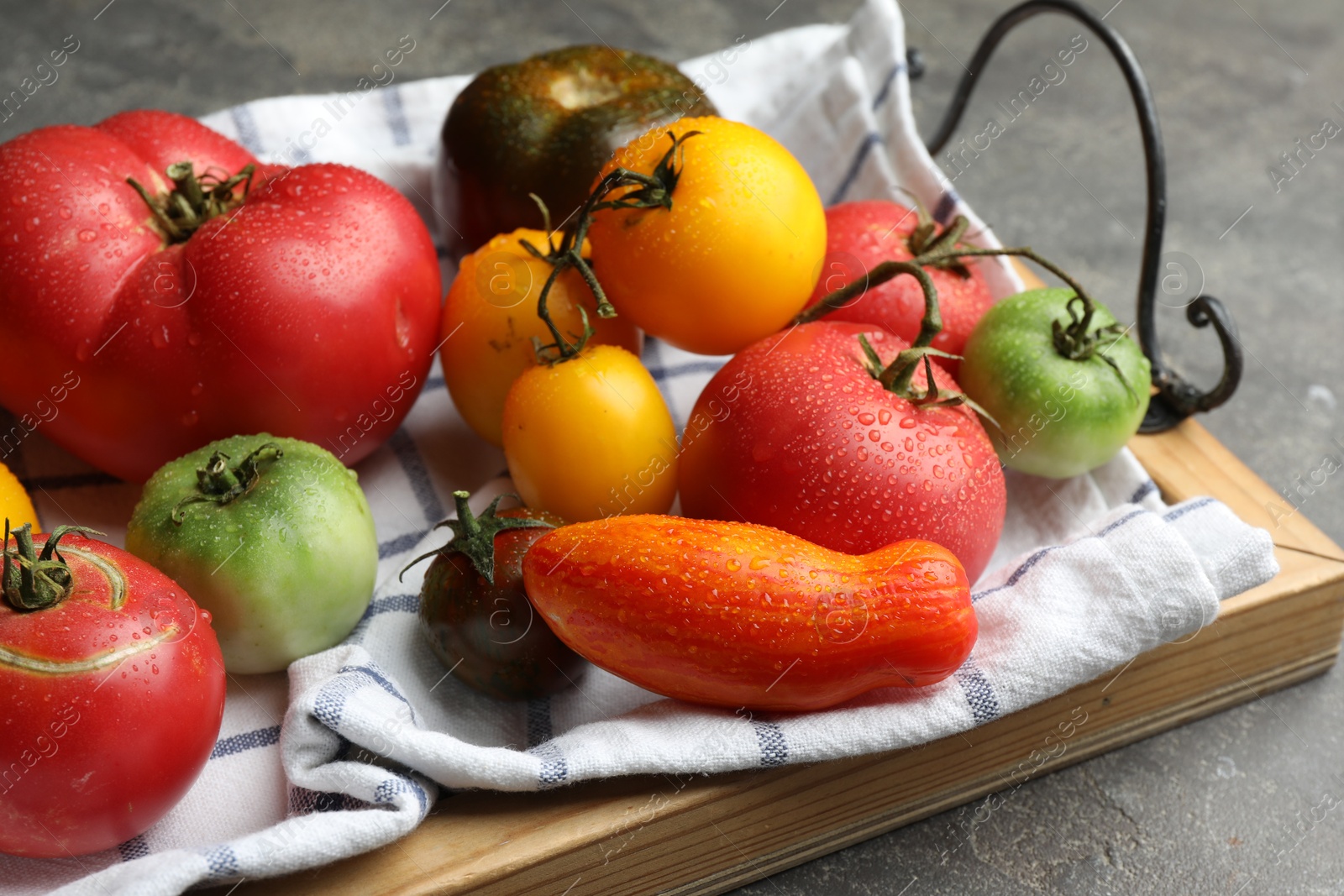 Photo of Different ripe and unripe tomatoes on grey table, closeup