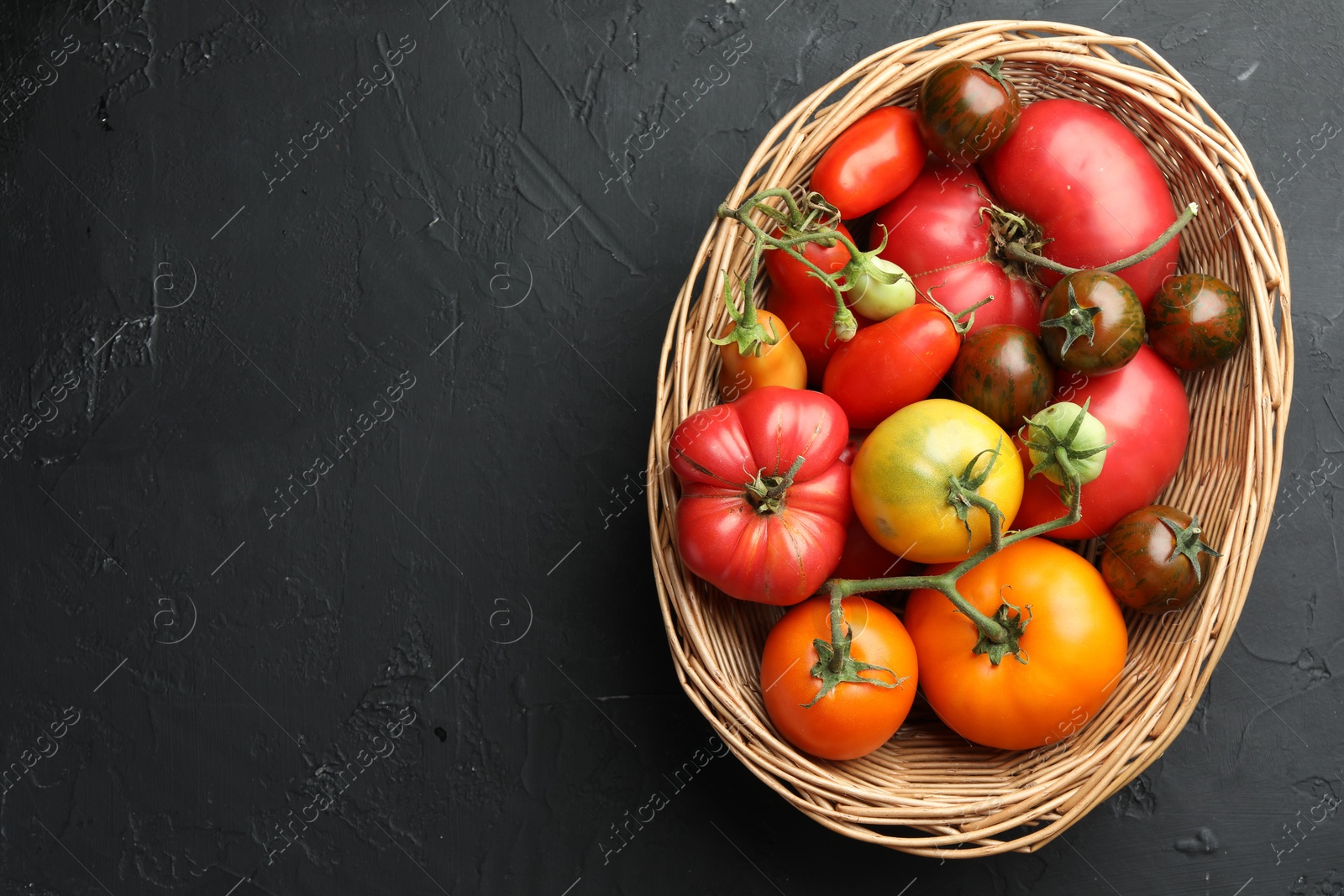 Photo of Different ripe and unripe tomatoes in wicker basket on grey textured table, top view. Space for text