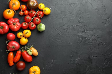 Photo of Different fresh tomatoes on grey textured table, flat lay. Space for text