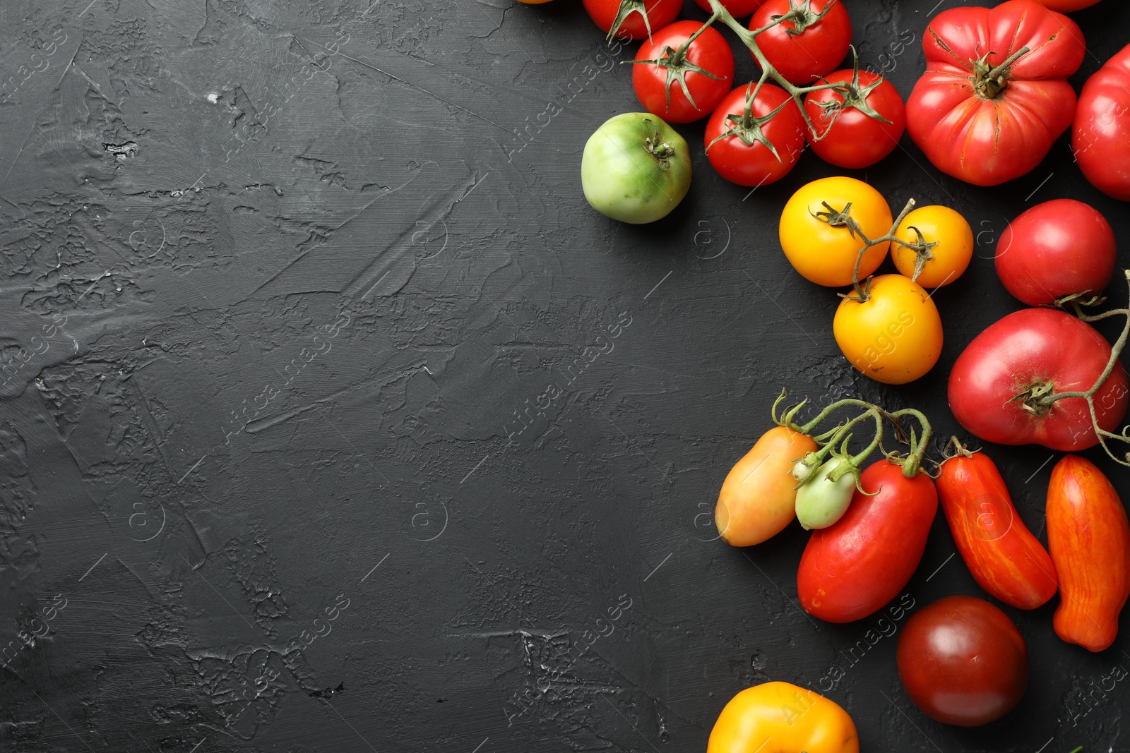 Photo of Different fresh tomatoes on grey textured table, flat lay. Space for text