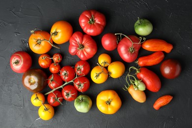 Different fresh tomatoes on grey textured table, flat lay