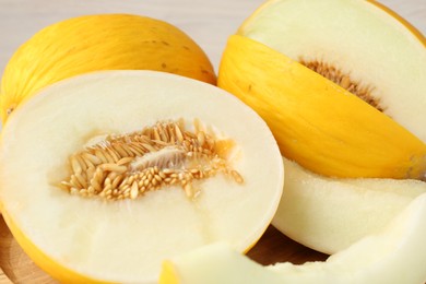 Fresh ripe melons as background, closeup view