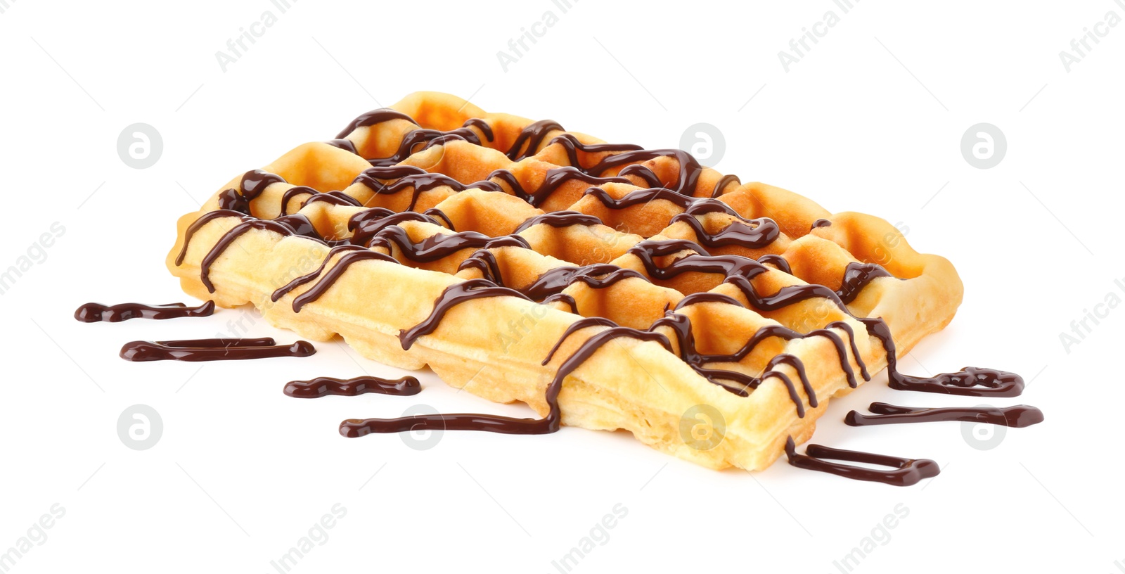 Photo of Delicious Belgian waffle with melted chocolate isolated on white