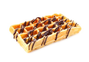 Delicious Belgian waffle with melted chocolate isolated on white