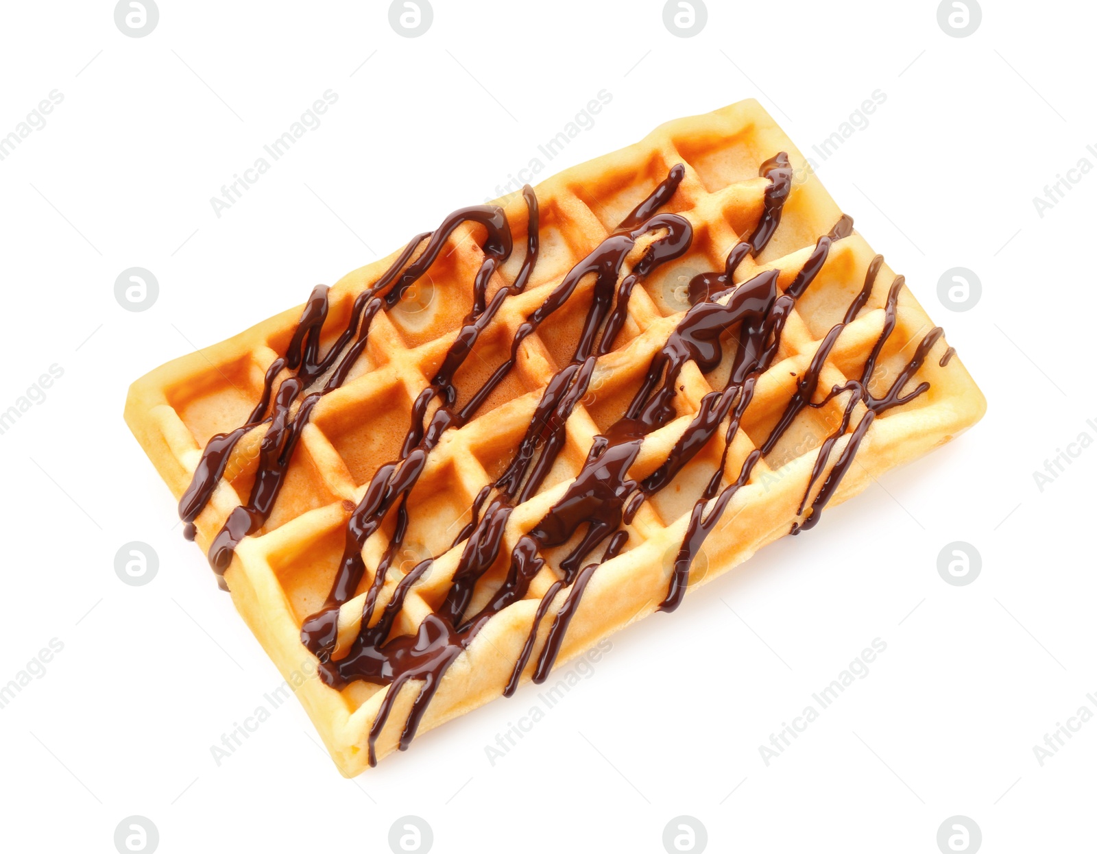 Photo of Delicious Belgian waffle with melted chocolate isolated on white, above view