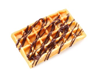 Photo of Delicious Belgian waffle with melted chocolate isolated on white, above view