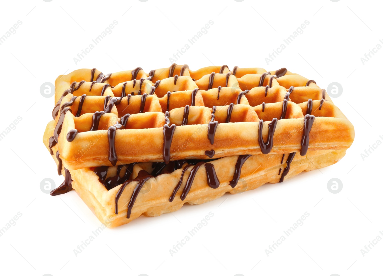 Photo of Delicious Belgian waffles with melted chocolate isolated on white