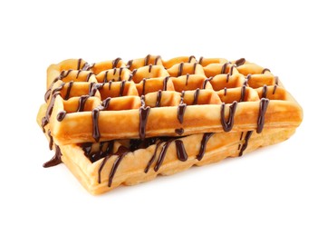 Photo of Delicious Belgian waffles with melted chocolate isolated on white