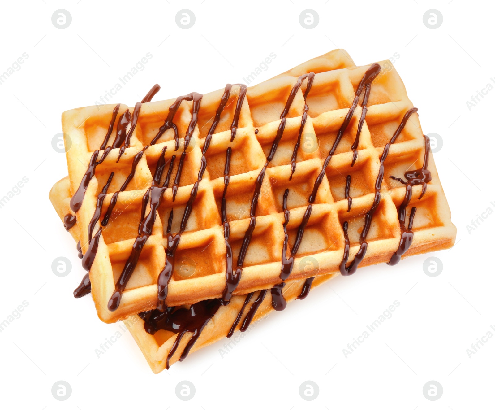 Photo of Delicious Belgian waffles with melted chocolate isolated on white, top view