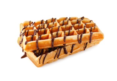 Delicious Belgian waffles with melted chocolate isolated on white