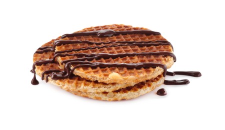 Photo of Delicious waffles with melted chocolate isolated on white