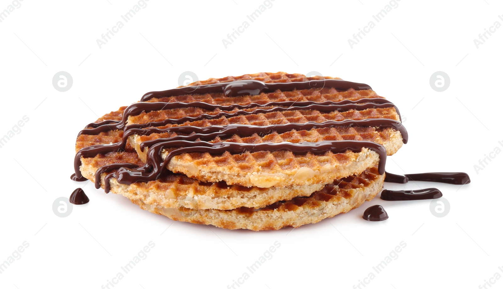 Photo of Delicious waffles with melted chocolate isolated on white