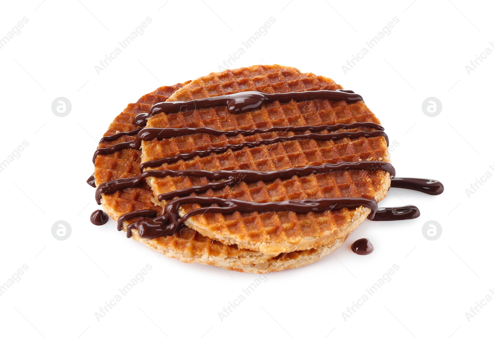 Photo of Delicious waffles with melted chocolate isolated on white