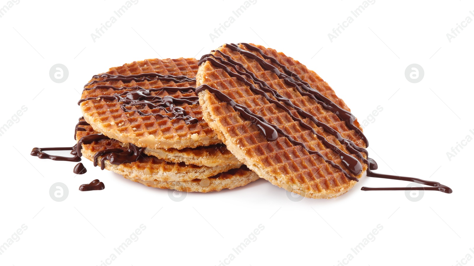 Photo of Delicious waffles with melted chocolate isolated on white