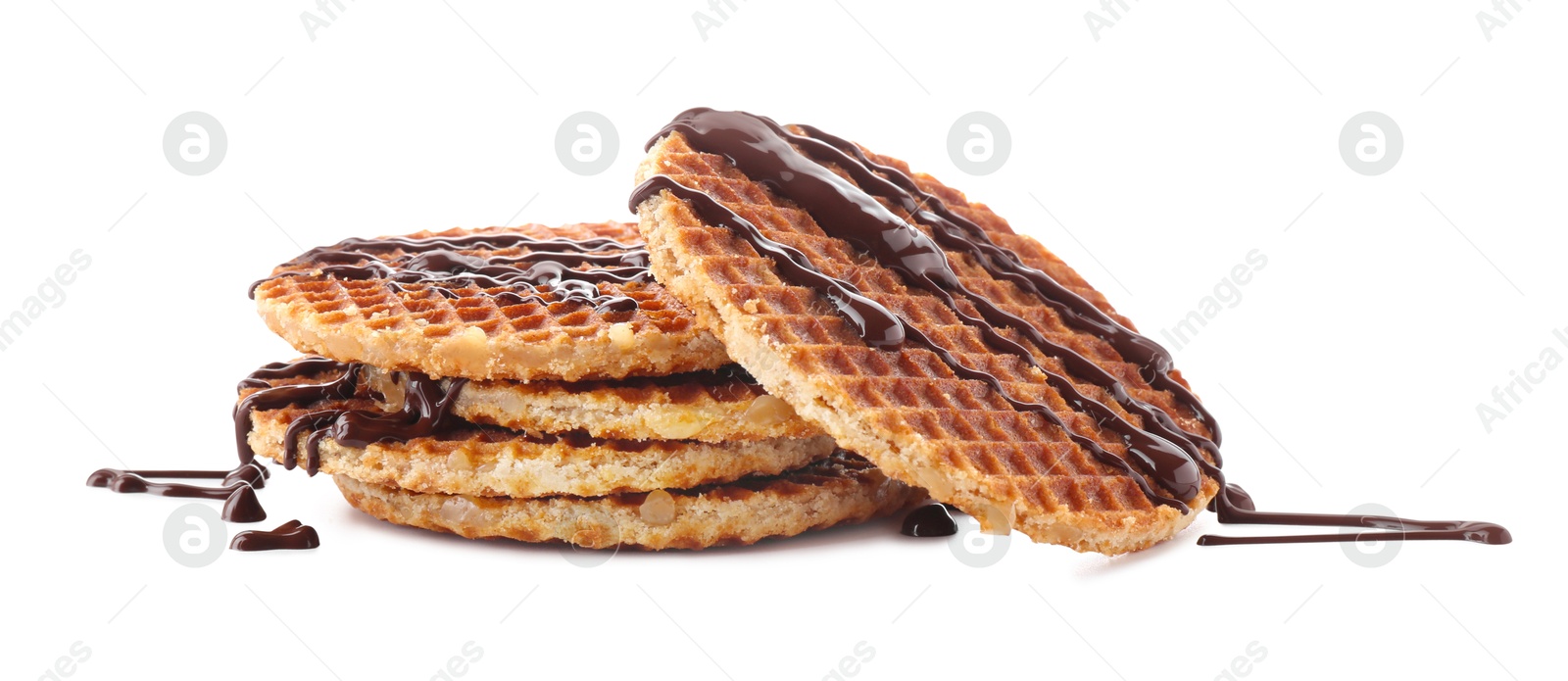 Photo of Delicious waffles with melted chocolate isolated on white