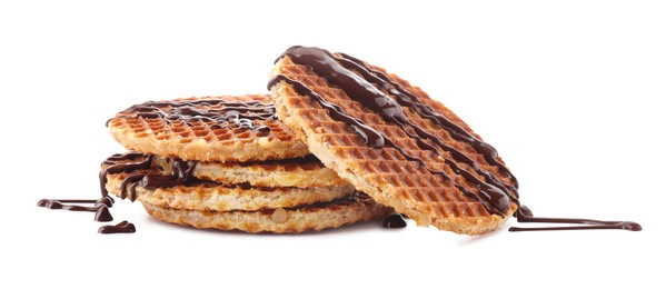 Photo of Delicious waffles with melted chocolate isolated on white