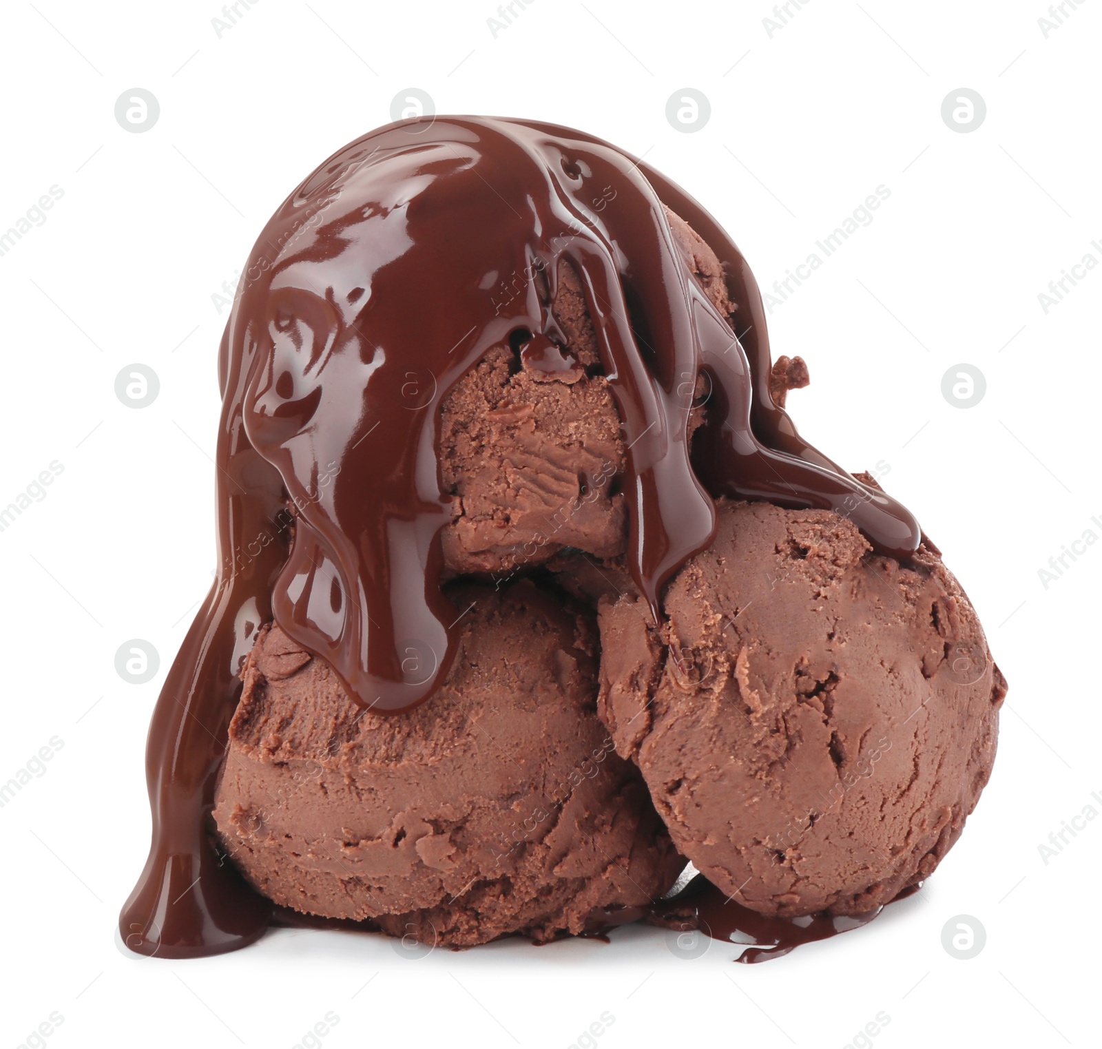 Photo of Delicious ice cream with melted chocolate isolated on white