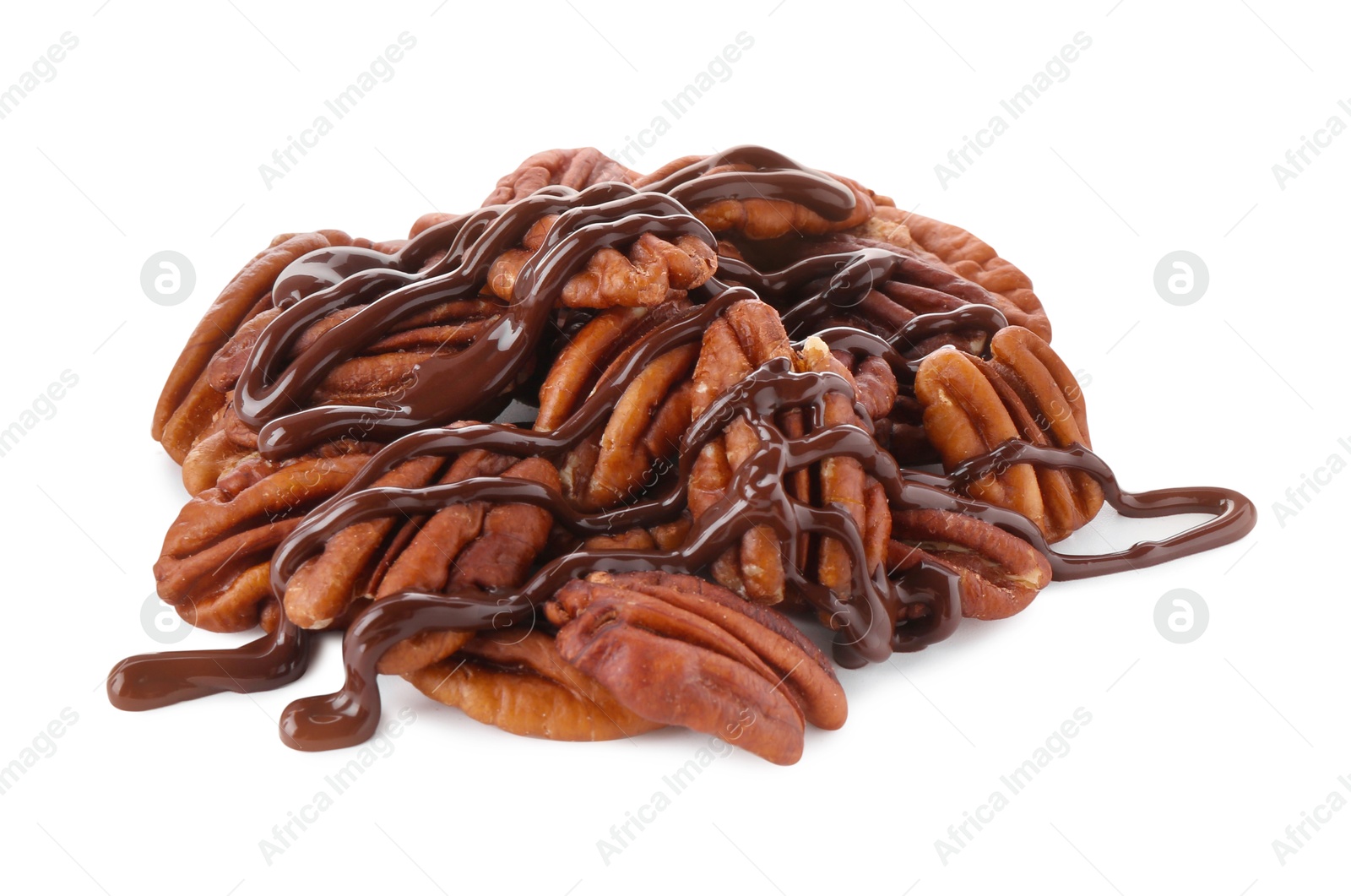 Photo of Pecan nuts with melted chocolate isolated on white