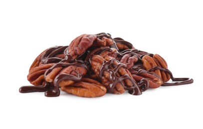 Photo of Pecan nuts with melted chocolate isolated on white