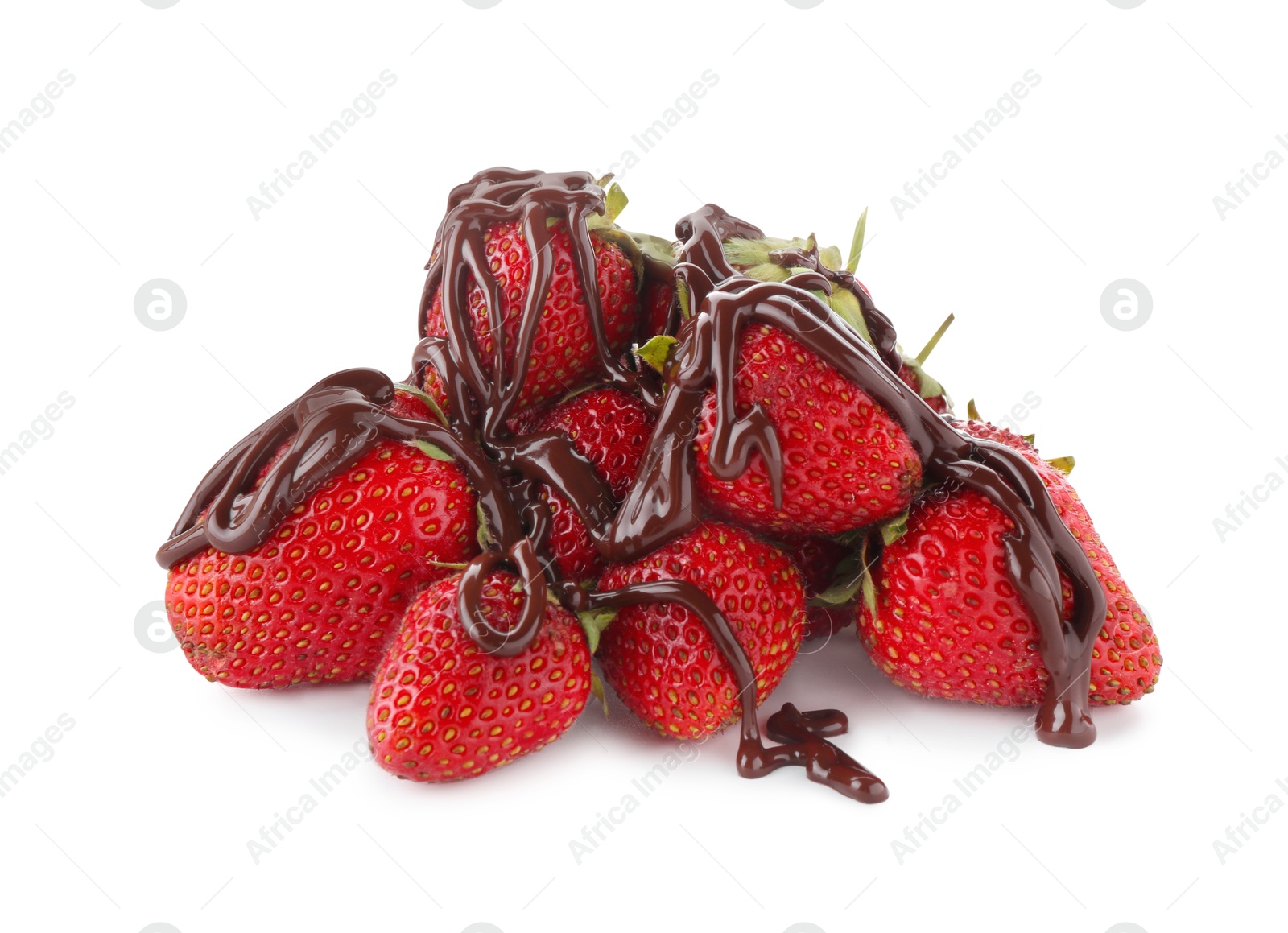 Photo of Delicious strawberries with melted chocolate isolated on white