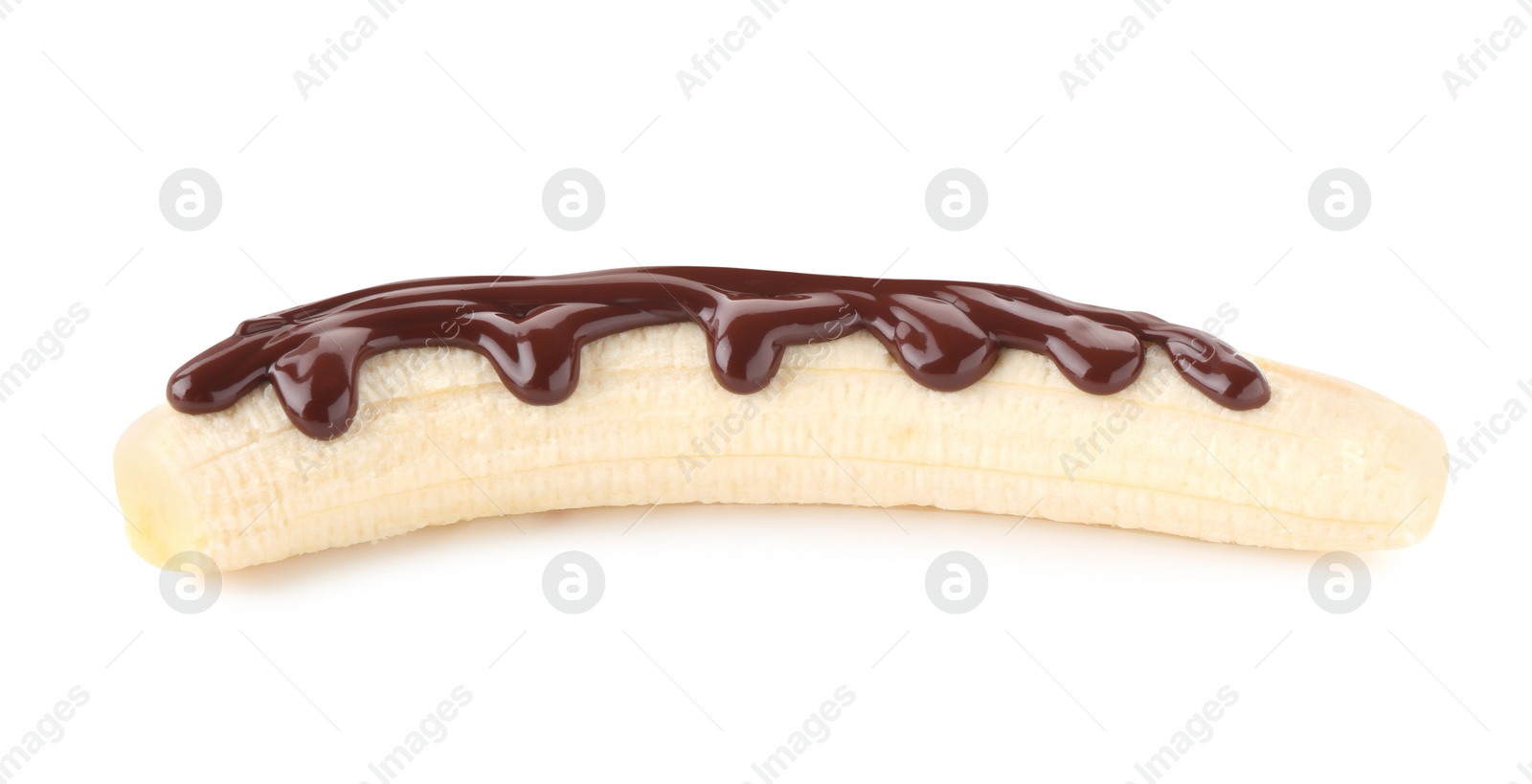 Photo of Fresh banana with melted chocolate isolated on white