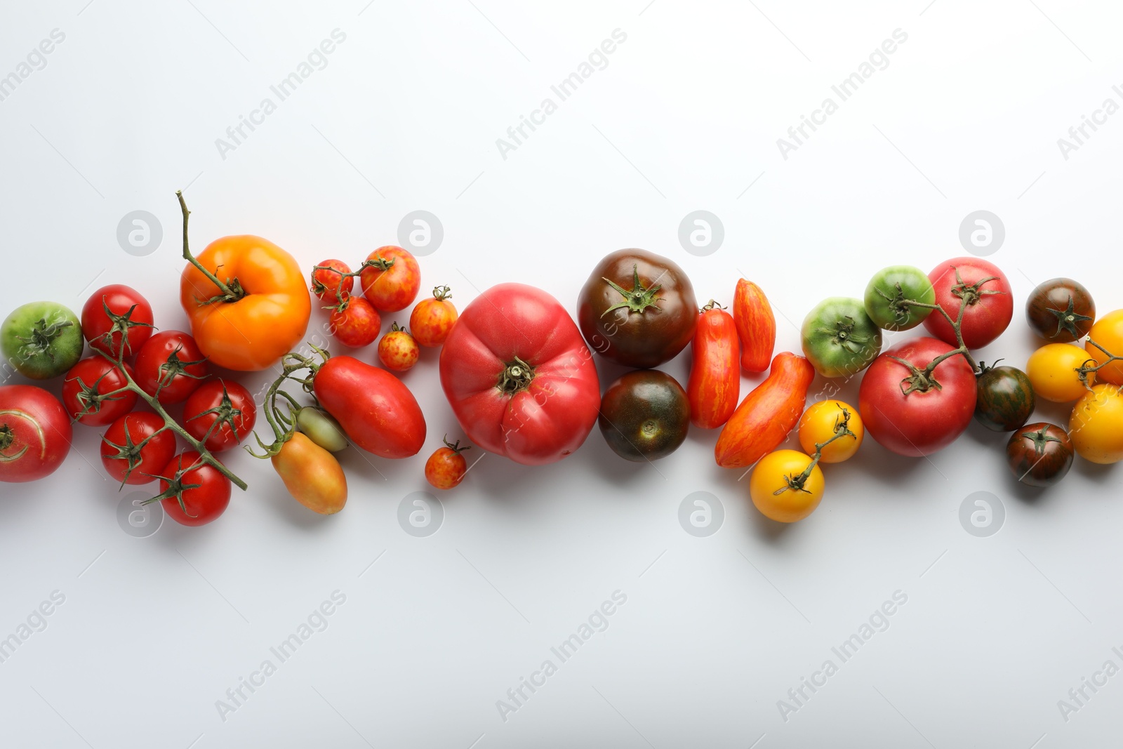 Photo of Different ripe tomatoes on white background, flat lay