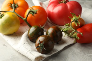 Photo of Different ripe tomatoes on grey textured table, closeup