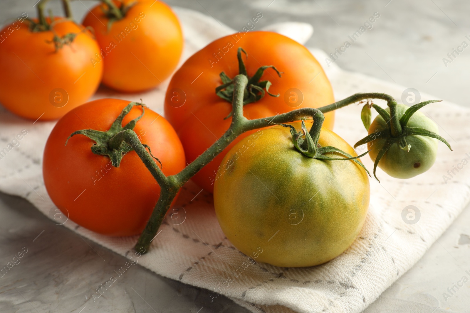 Photo of Branch of yellow tomatoes on grey textured table, closeup