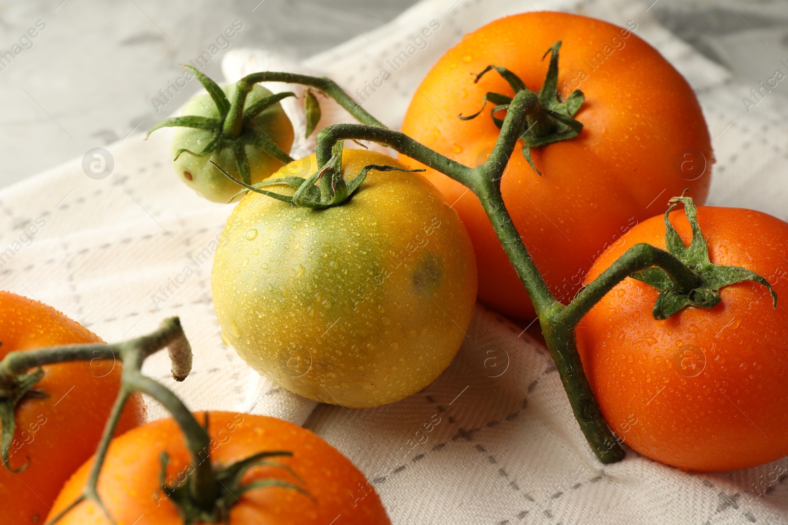 Photo of Branch of yellow tomatoes on grey textured table, closeup