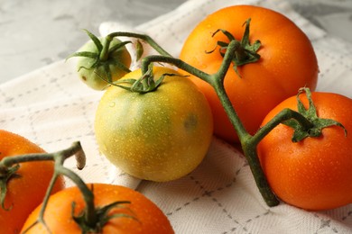 Branch of yellow tomatoes on grey textured table, closeup