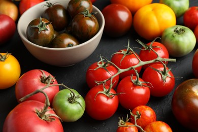 Photo of Many different fresh tomatoes on grey table, closeup