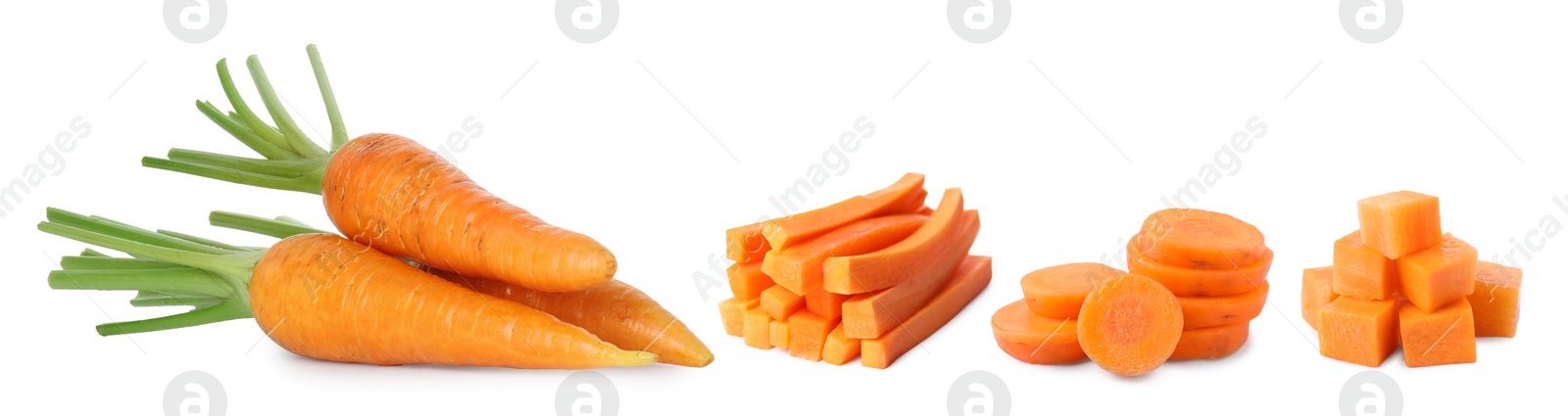 Image of Fresh carrots isolated on white, collage. Different types of cuts