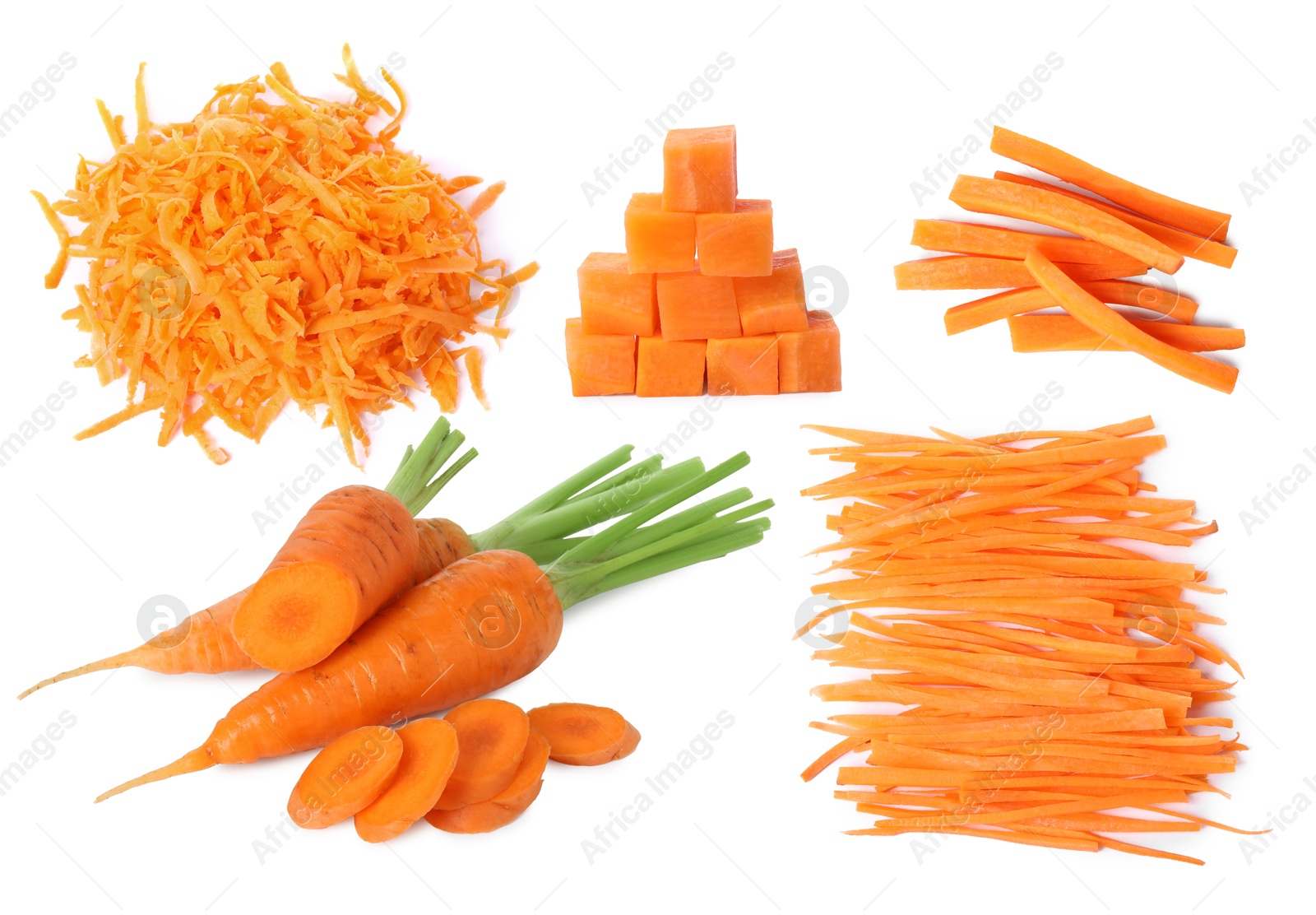 Image of Fresh carrots isolated on white, collage. Different types of cuts